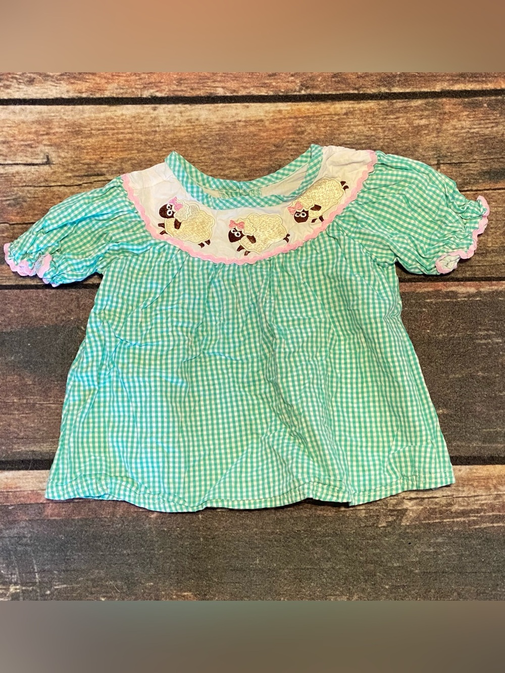 Honey Bean Girls' Green Gingham Blouse with Sheep Embroidery Size 2 Years